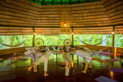 A photo of a yoga practice in The Goddess Garden yoga shala